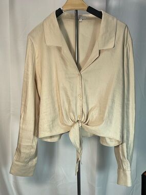 Gianni Bini Khaki Cream Tie-Front Button-Down Semi-Cropped Linen & Viscose Sz L